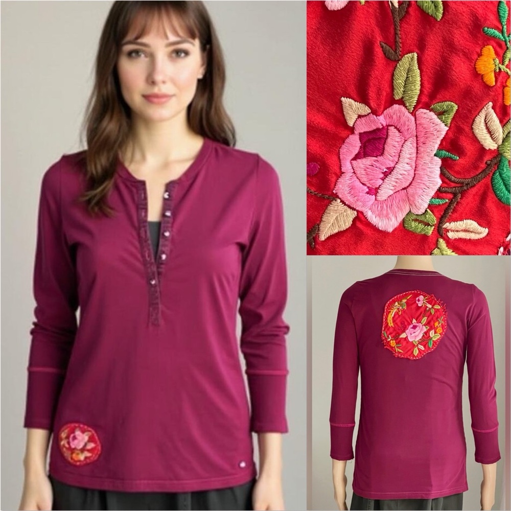 Embroidered Bird and Floral Patch Y2K Boho Bohemian Burgundy Henley Top Medium